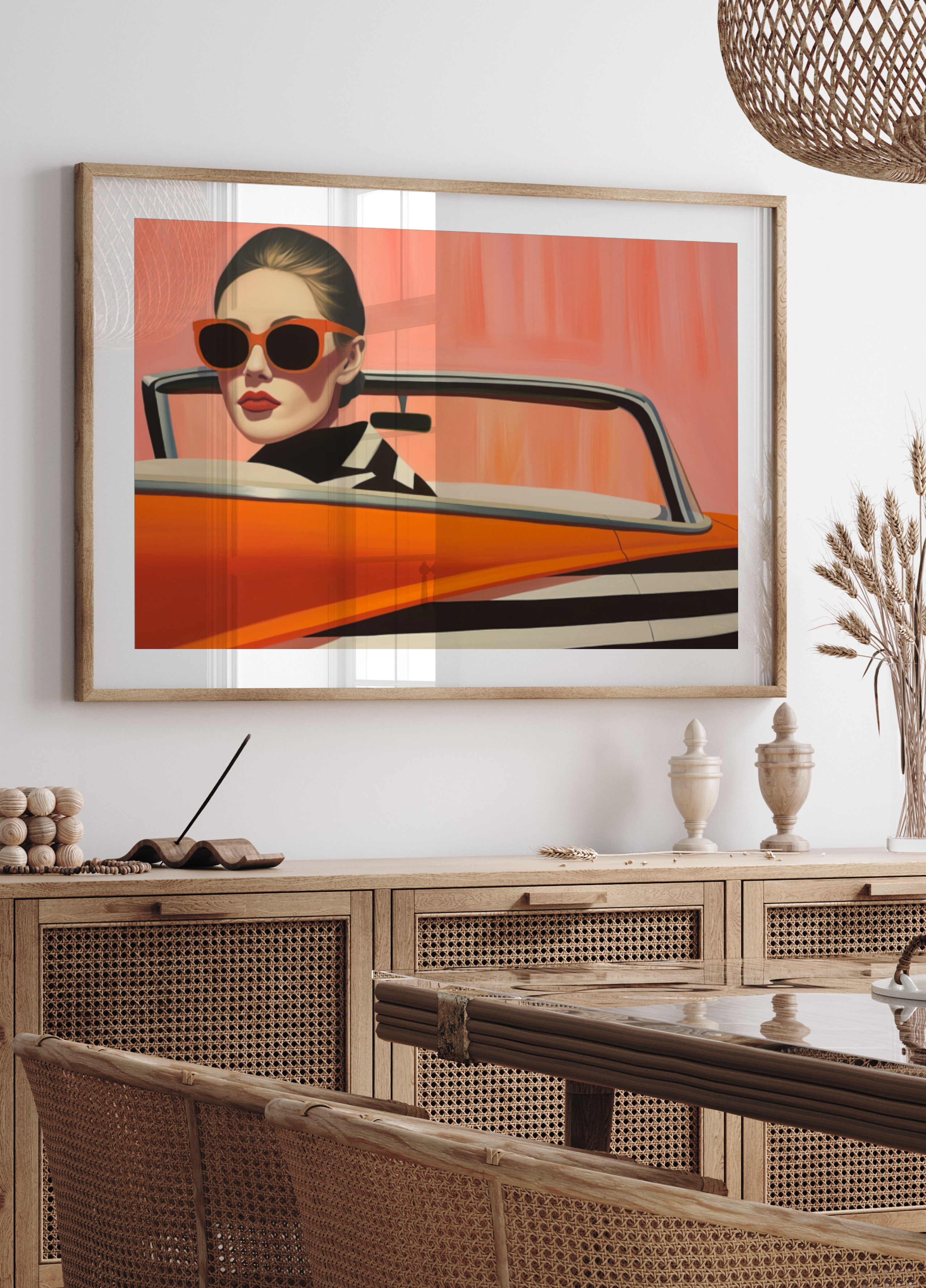 Stijlvolle vrouw oranje auto
