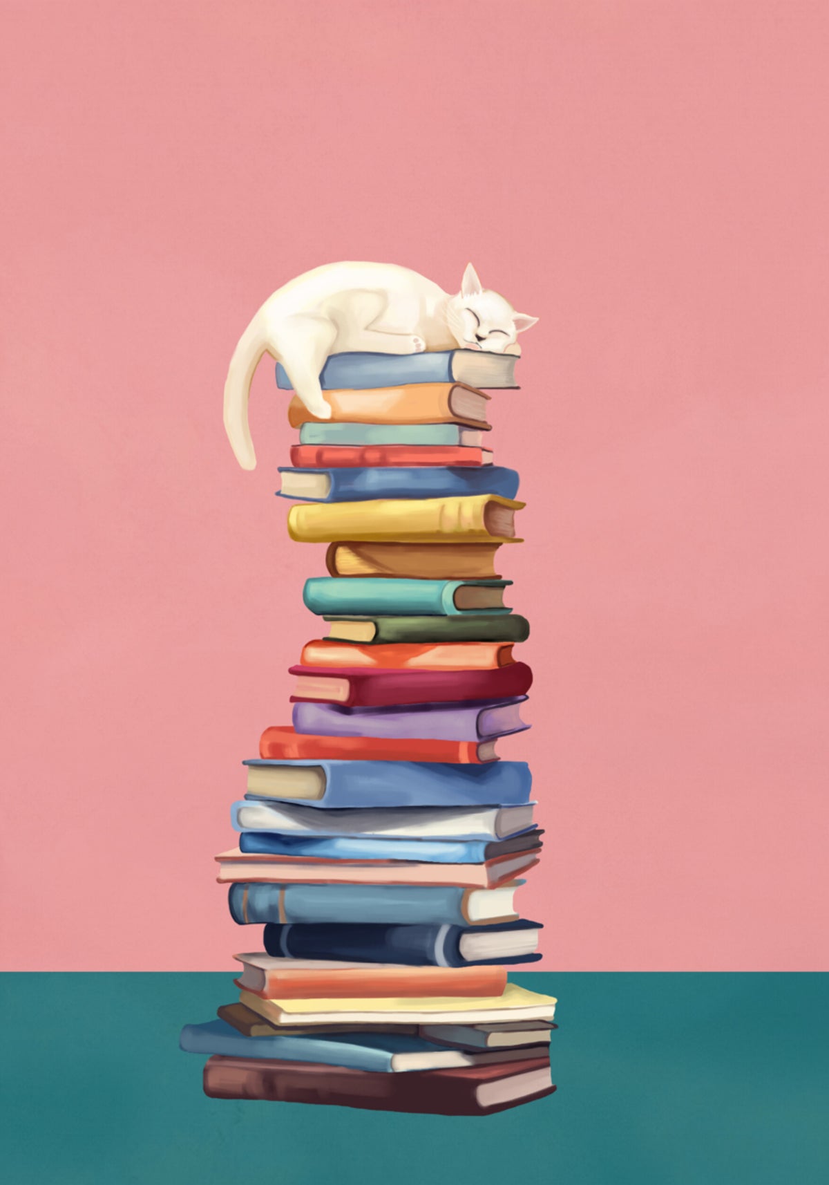 Gezellige kat op kleurrijke boeken
