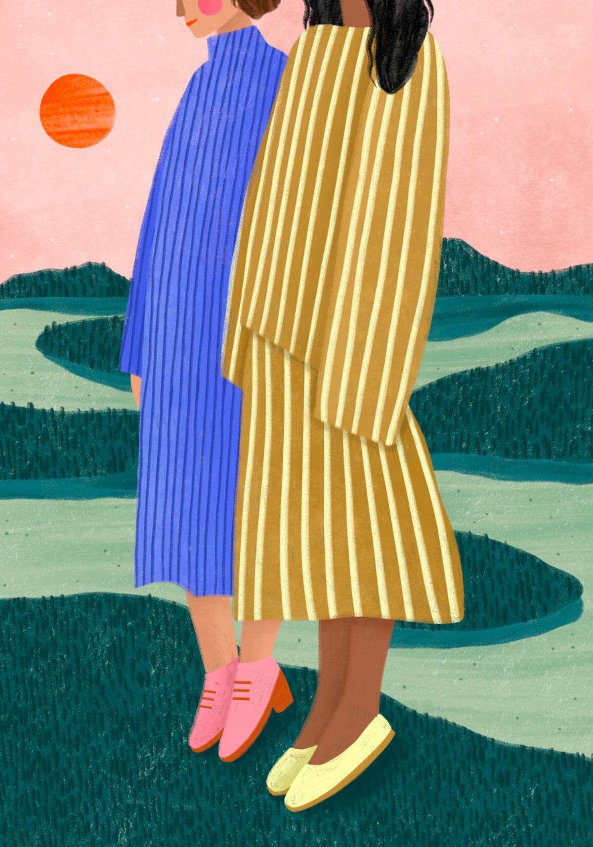 Vrouwen kijken uit op het serene landschap