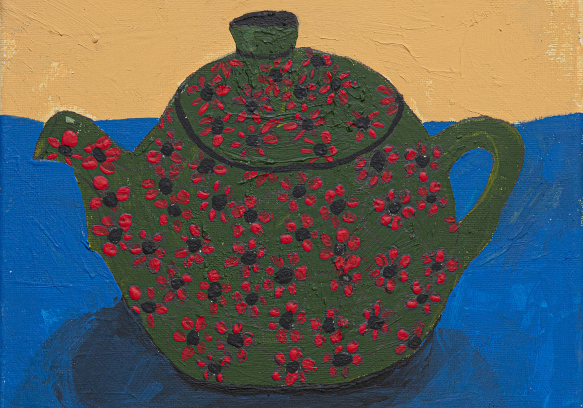 Groene bloemen theepot stilleven