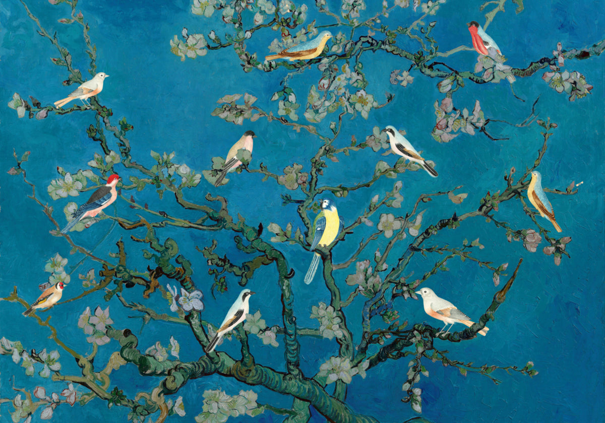 Vogels tussen bloesems