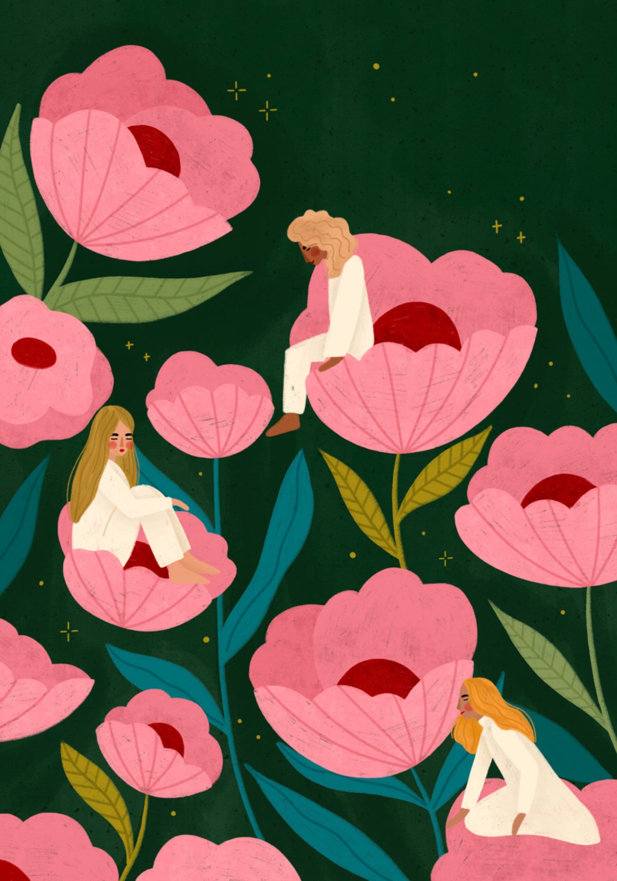 Kalme vrouwen in bloemen
