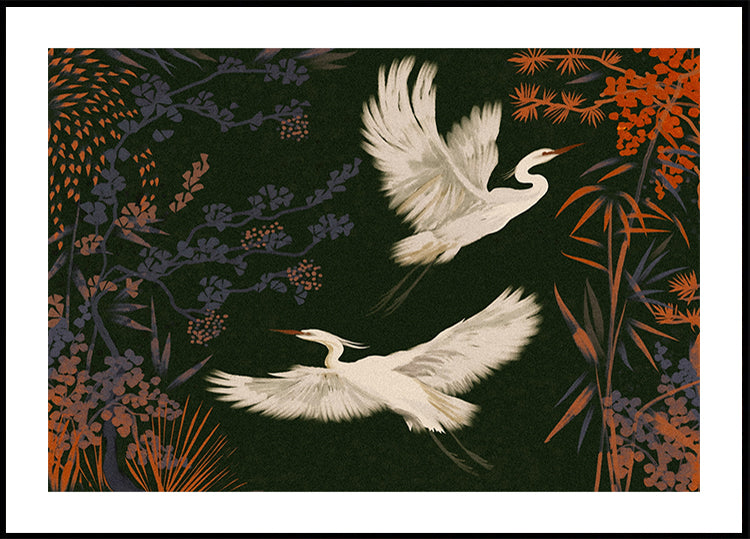 twee witte vogels tijdens de vlucht tegen een donkergroene achtergrond, omgeven door kleurrijke bloemen en bladeren.