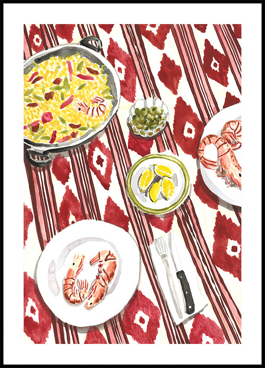 Een levendige en kleurrijke illustratie van een tafel gedekt met een verscheidenheid aan gerechten, waaronder een grote kom rijst, een bord garnalen en een bord met fruit.