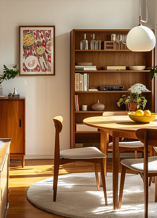 een gezellige eetkamer met een houten tafel en stoelen, een boekenplank en een ingelijst kunstwerk aan de muur.
