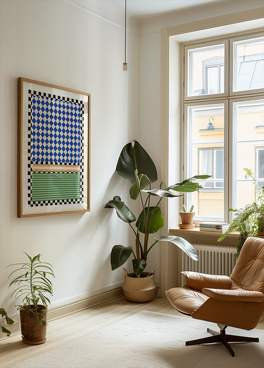 Geometrisch patroon met blauwe en witte diamantenposter