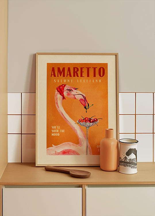 Amaretto Flamingo Art Deco Italiaans café reizen kunstposter