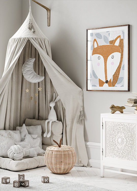 Schattige rode vos met grijs bladpatroon van kunstenaar Carla Daly Poster