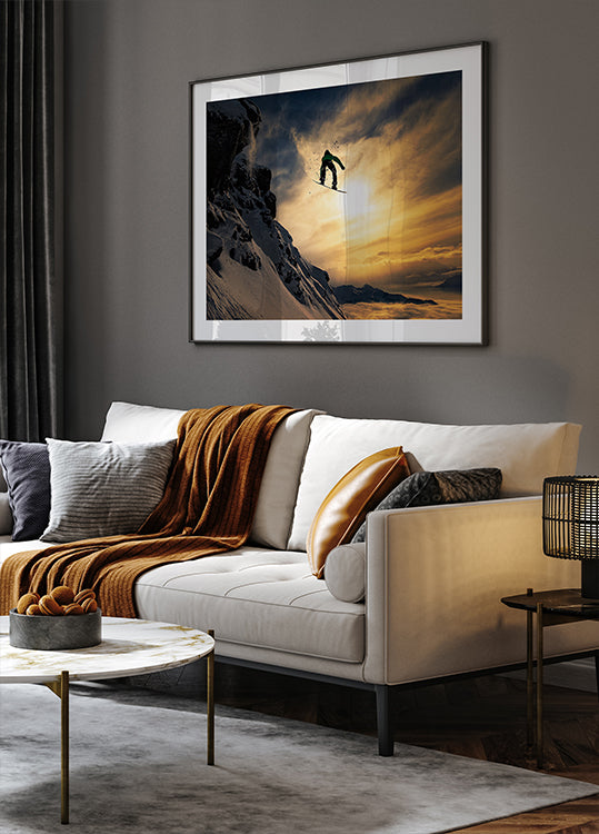 Zonsondergang snowboarden poster