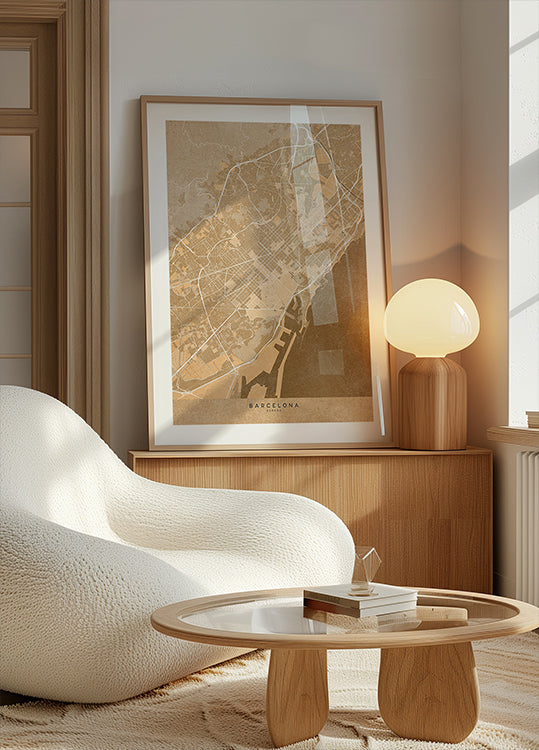 Kaart van Barcelona (Spanje) in sepia vintage stijl poster