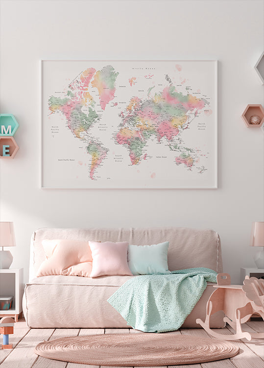 Pastel aquarel wereldkaart met steden, Anjah