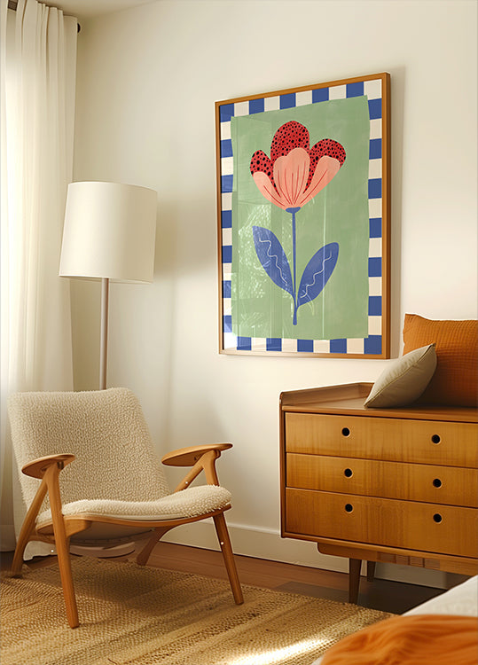 Gestileerde bloem met rode bloemblaadjes en zwarte stippen poster