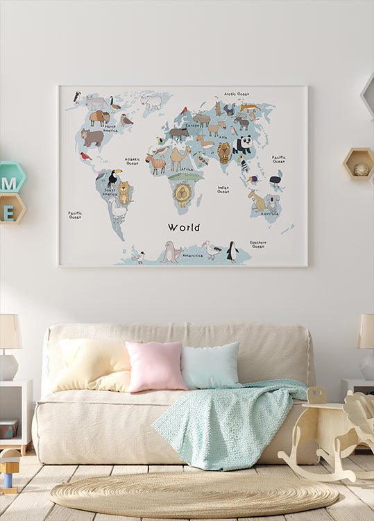 Geïllustreerde wereldkaart met schattige dierenposter