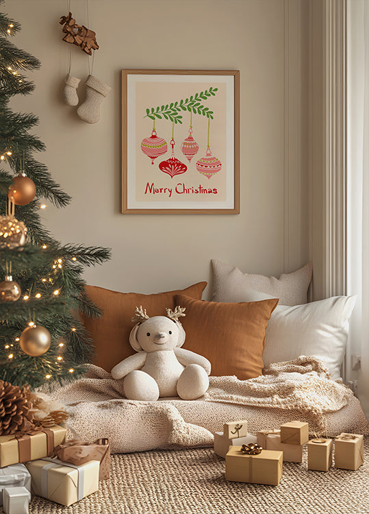 Vrolijke kleine kerstballen poster