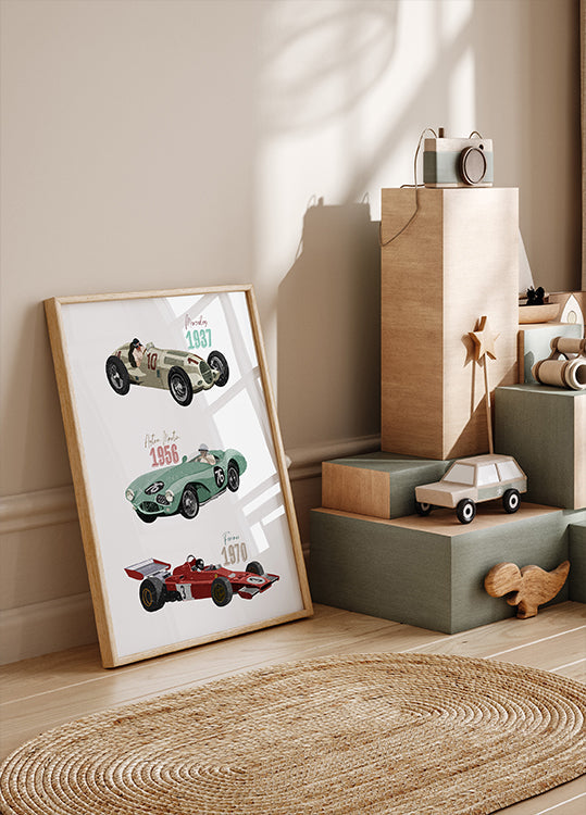 Vintage raceauto's-poster