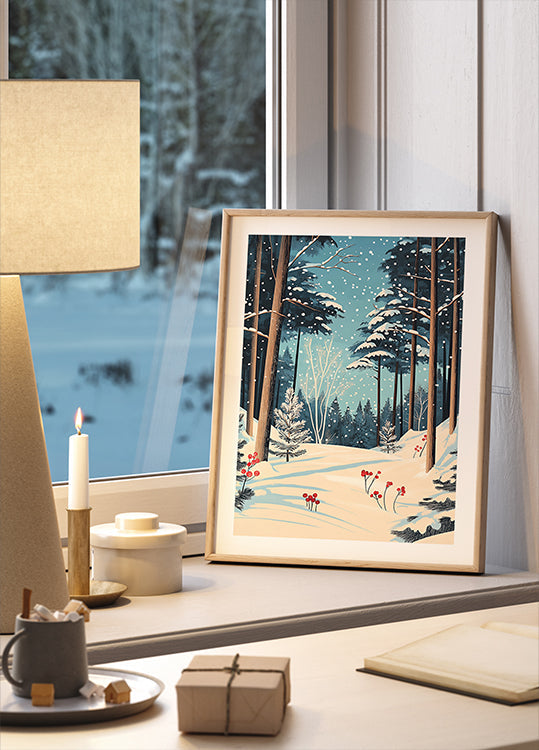 Kerst besneeuwde bos Poster