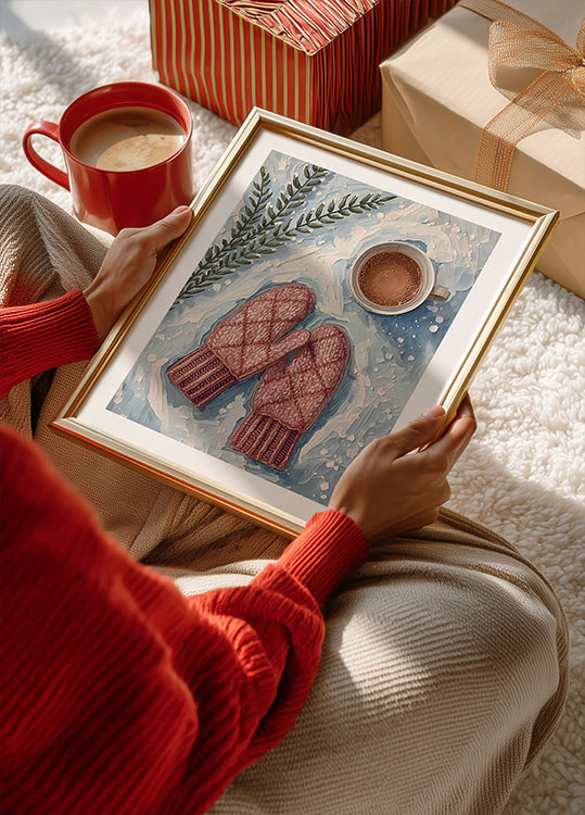 Handschuhe im Schnee mit Kakao-poster