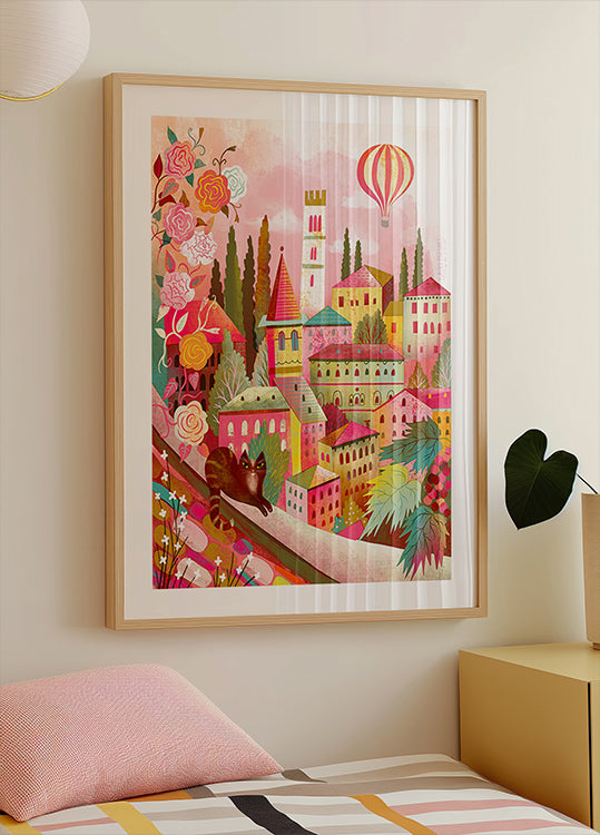 Italiaans dorp met kat op muurposter