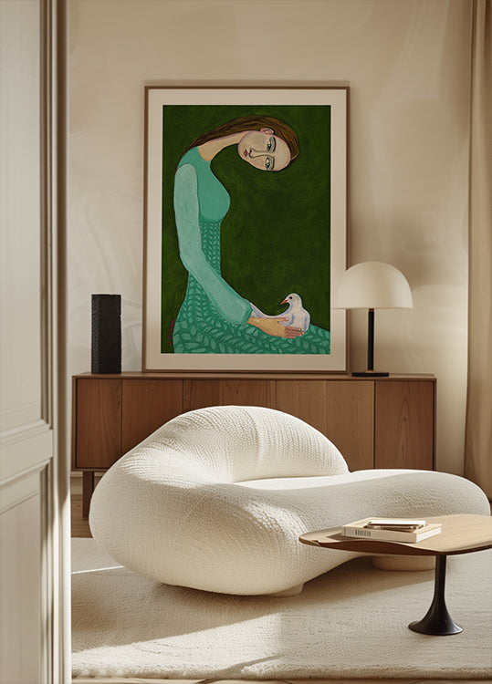 Damezitting met witte duifvogelvrouw Poster