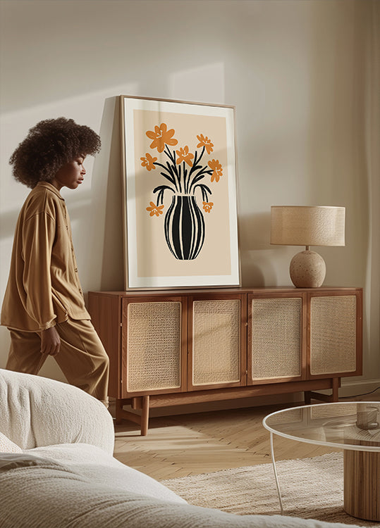 Oranje vaas bloemen Poster