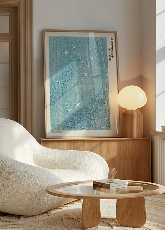 Houtsnede print blauwe poster