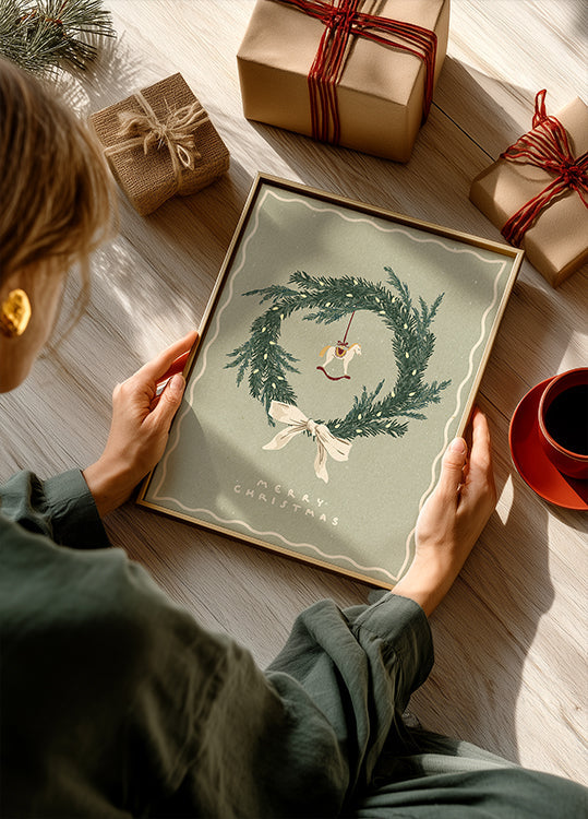 Paardenspeelgoed op kerstkrans met strik Poster