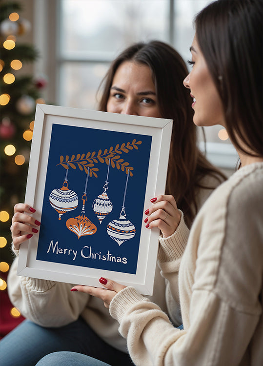Vrolijke kleine kerstballen blauwe Poster