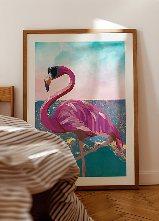 Flamingo gaat naar de strandposter