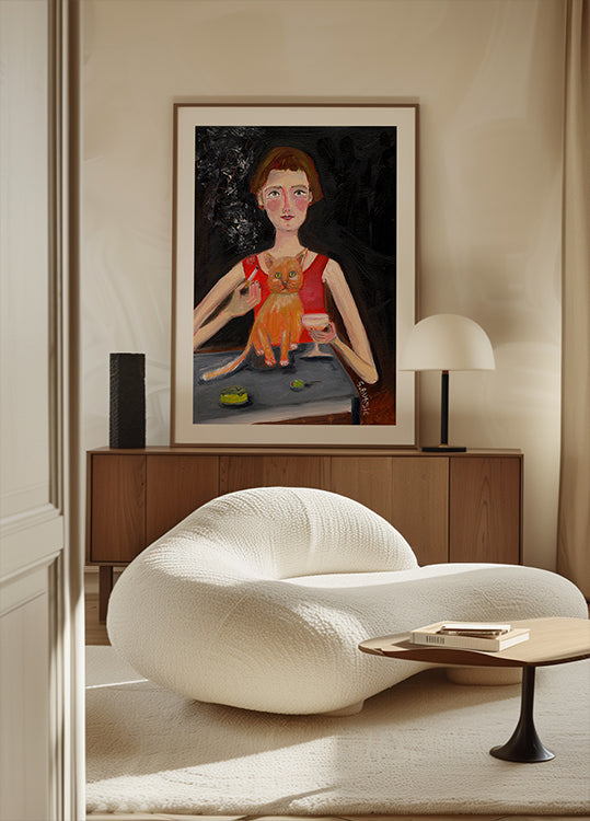 Vintage vrouw met cocktail en kat Poster