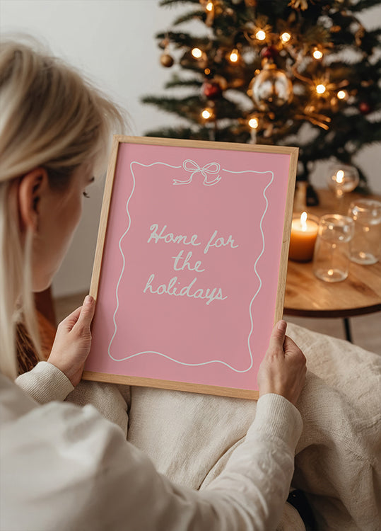 Huis voor de feestdagen - Wit op roze poster