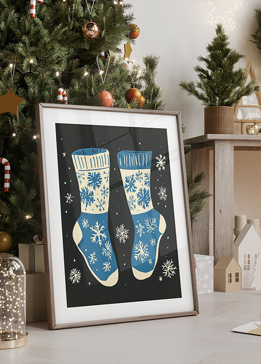 Vintage sokken gebreide blauw op zwarte poster