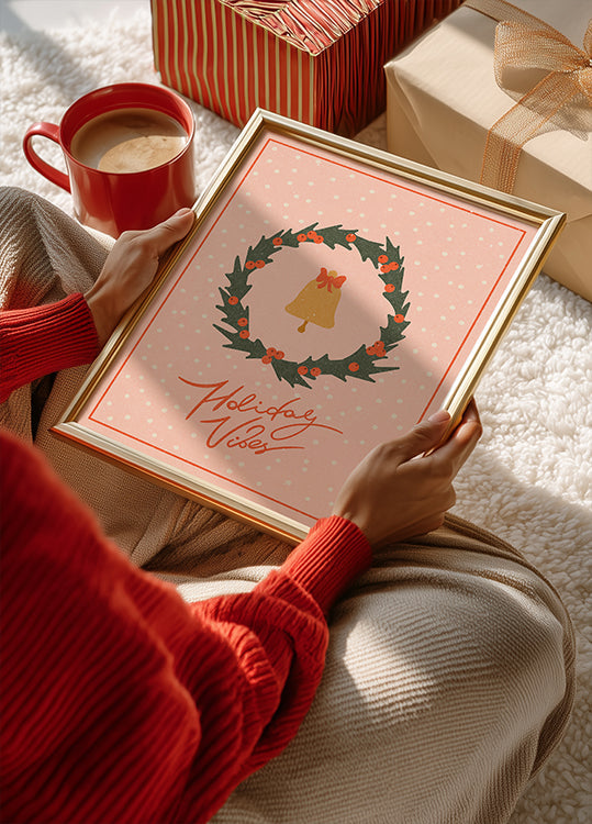 Kerstkrans met bel en boog Poster