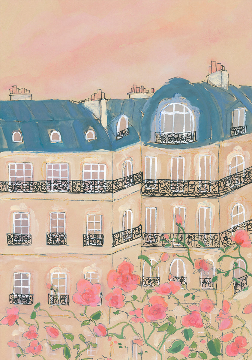 Zonsondergang boven de gebouwenaffiche van Parijs