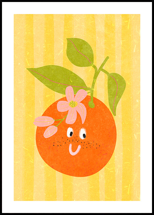 Vrolijk oranje met een bloem erop, tegen een geel gestreepte achtergrond.
