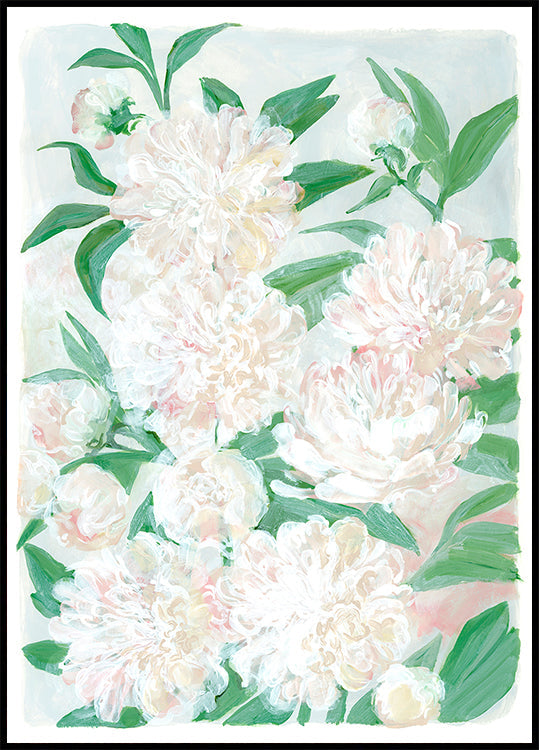 De afbeelding is een levendig en weelderig schilderij van een verscheidenheid aan witte en roze bloemen, waaronder pioenrozen, omgeven door groene bladeren.
