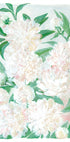 De afbeelding is een levendig en kleurrijk schilderij van een verscheidenheid aan witte en roze bloemen, waaronder pioenrozen, tegen een lichtblauwe achtergrond.