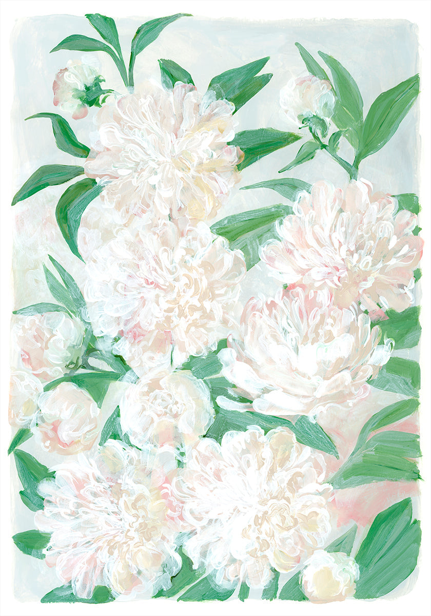 De afbeelding is een levendig en kleurrijk schilderij van een verscheidenheid aan witte en roze bloemen, waaronder pioenrozen, tegen een lichtblauwe achtergrond.