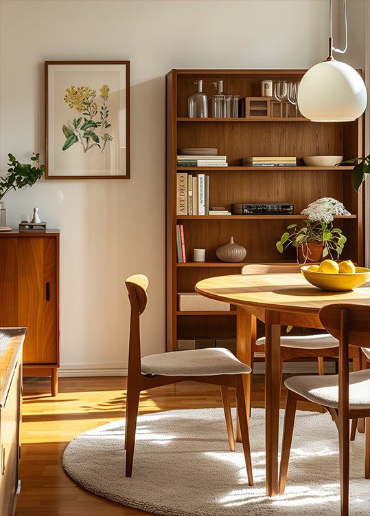 een gezellige en overzichtelijke woonkamer met een houten boekenplank, een ronde houten tafel en een houten stoel. De kamer heeft een warme en uitnodigende sfeer, waarbij natuurlijk licht door het raam naar binnen stroomt.