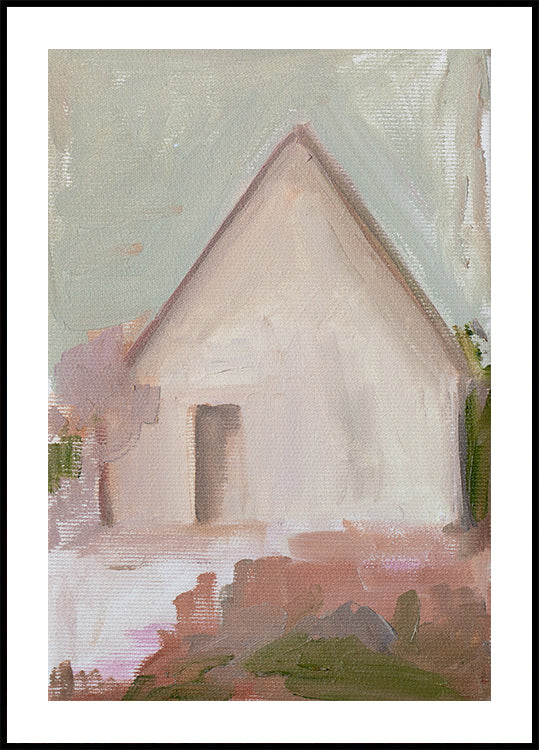 De afbeelding is een abstract schilderij van een huis met een driehoekig dak en een kleine veranda.