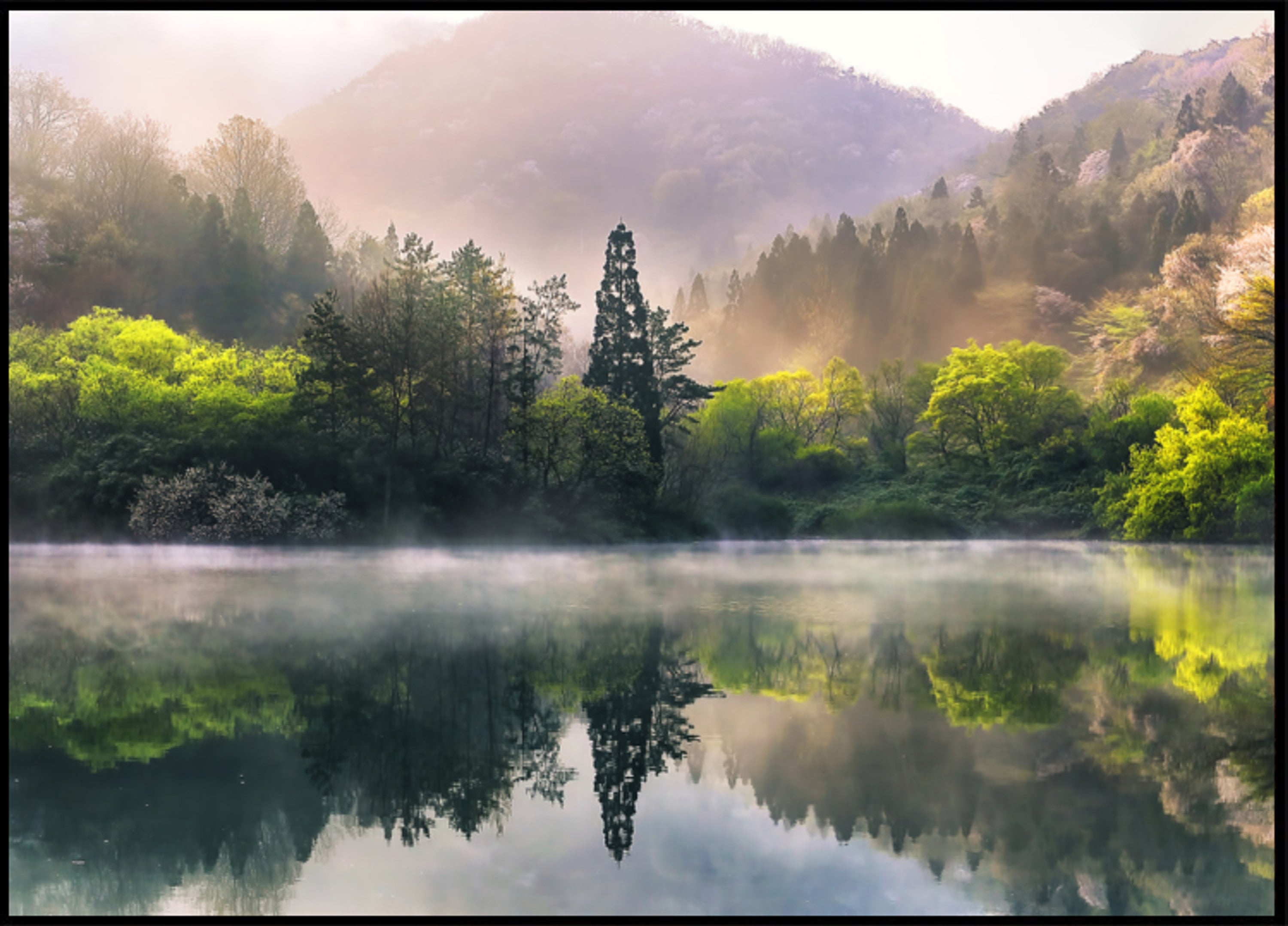 Mistige lente meer reflectie