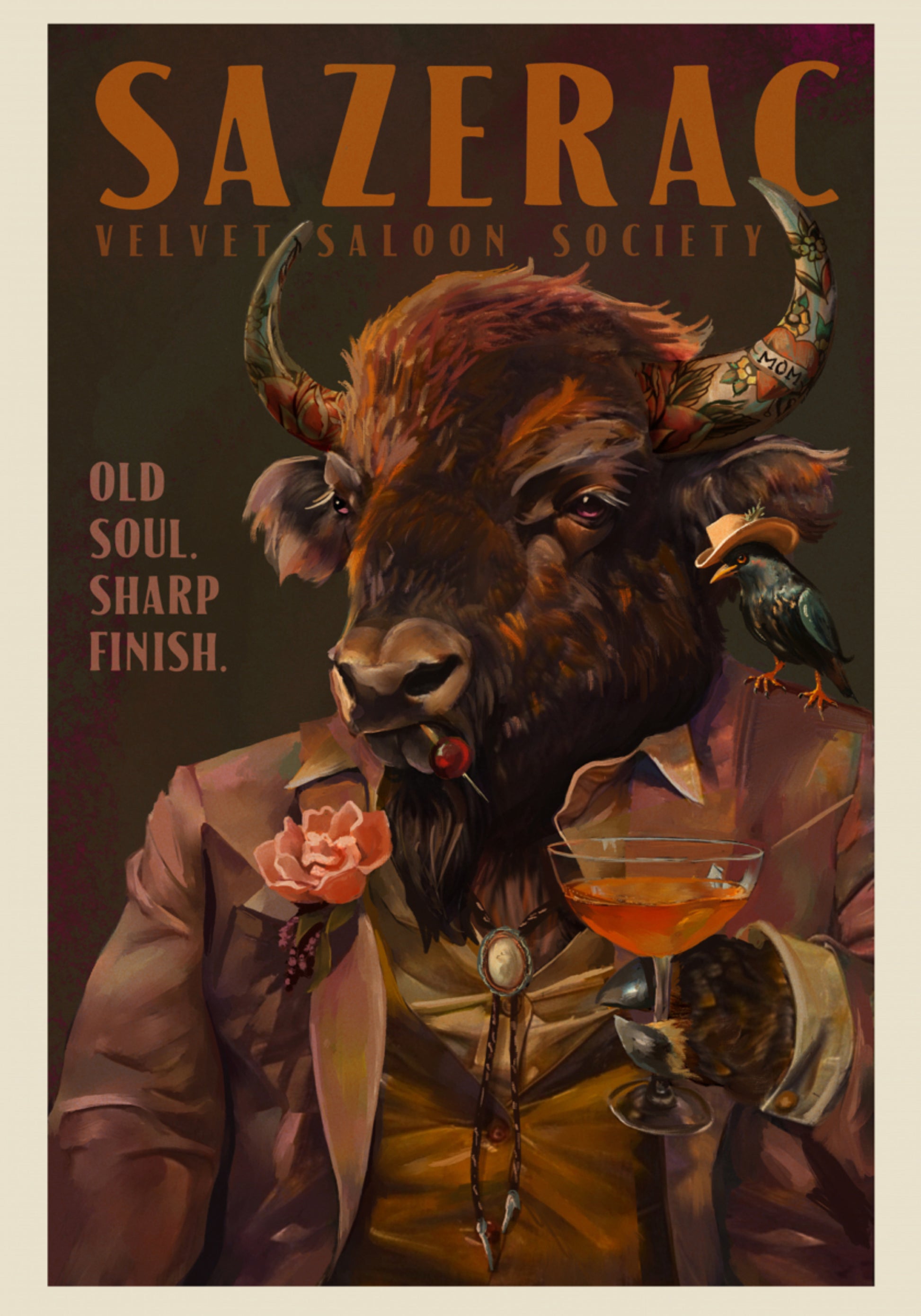 Buffels die Sazerac-cocktail drinken. Alcohol- en sterke drankbar Art