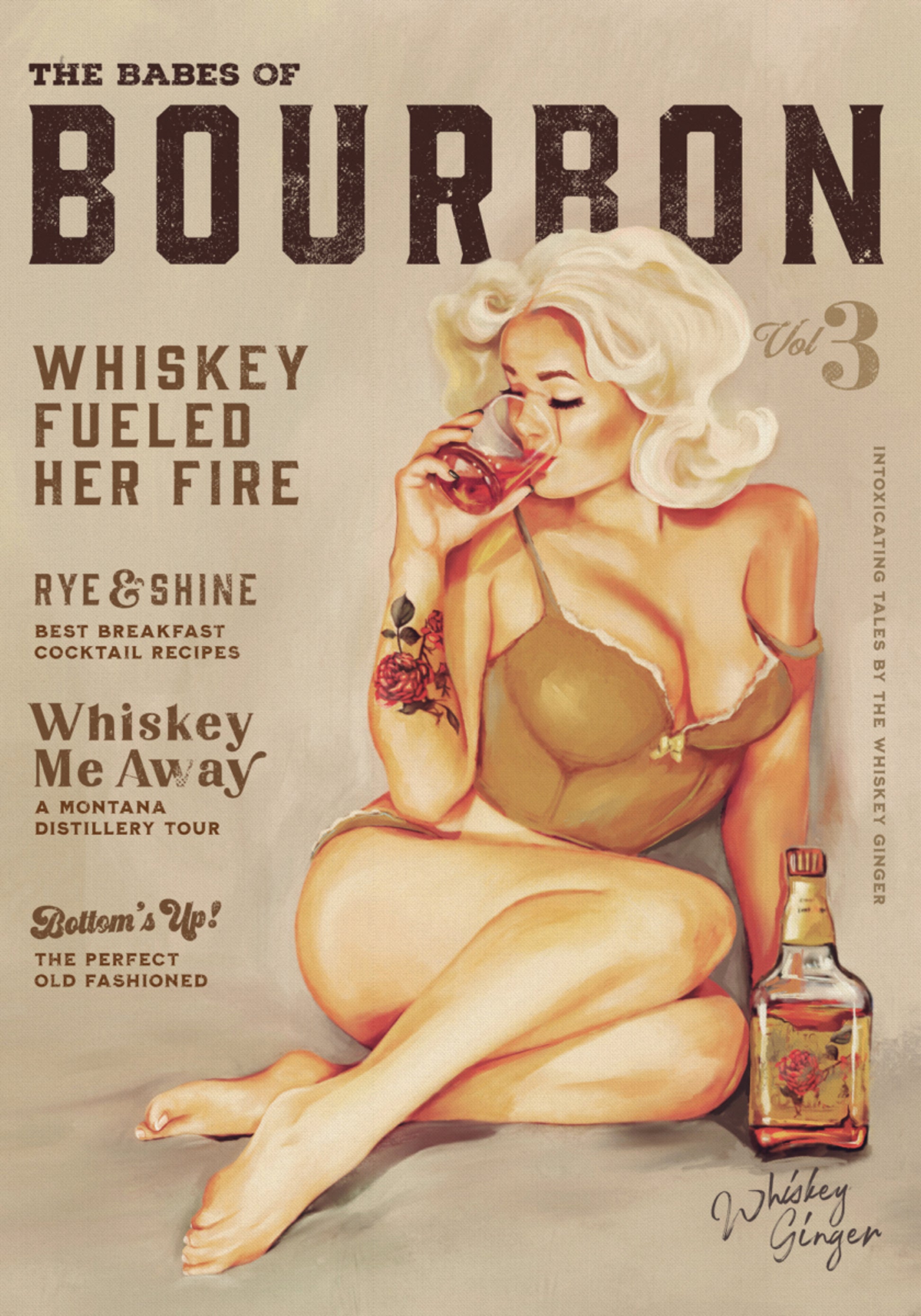 Bourbon kunst aan de muur. Sexy Vintage Pin-Up Girl whisky drinken