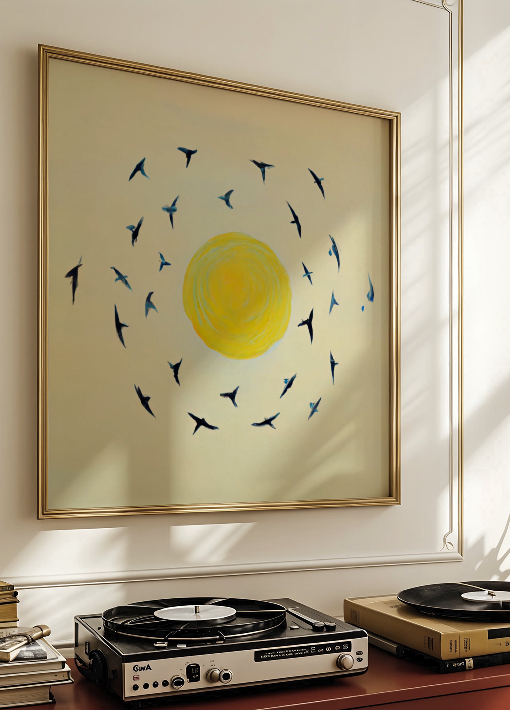 Vogels cirkelen rond de zon