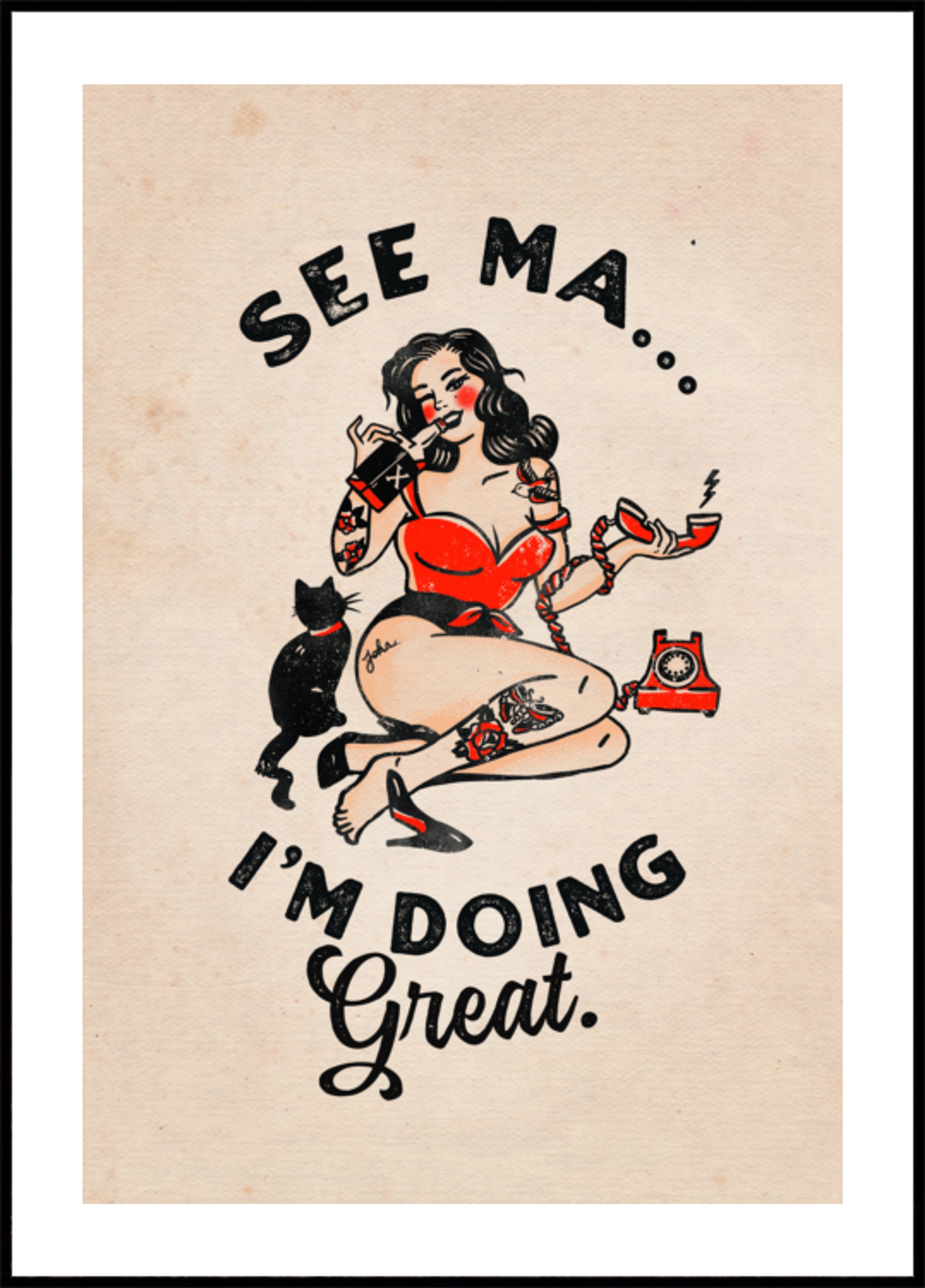 Zie Ma Poster Grappig Vintage Pinup Meisje & Kat