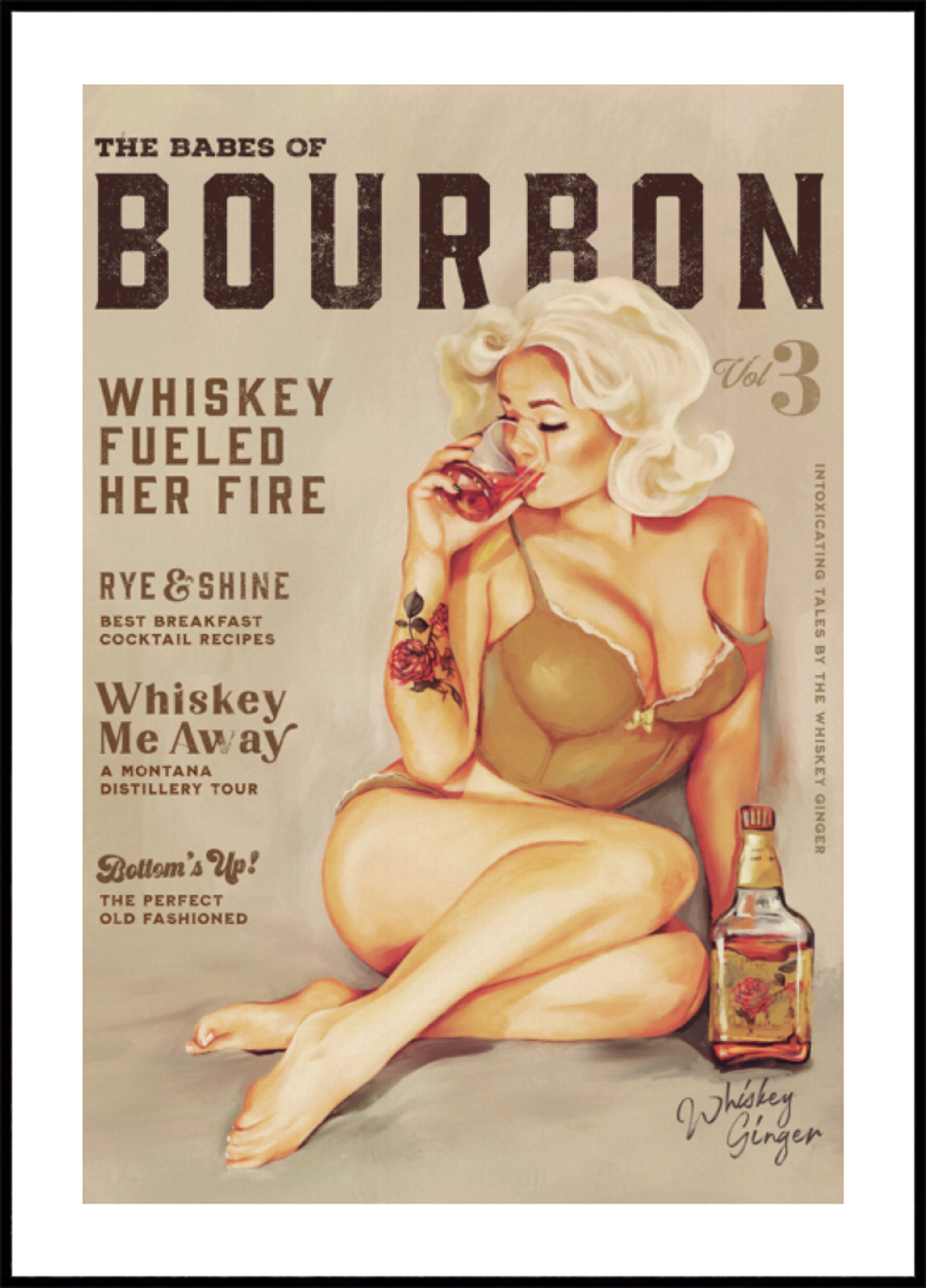 Bourbon kunst aan de muur. Sexy Vintage Pin-Up Girl whisky drinken