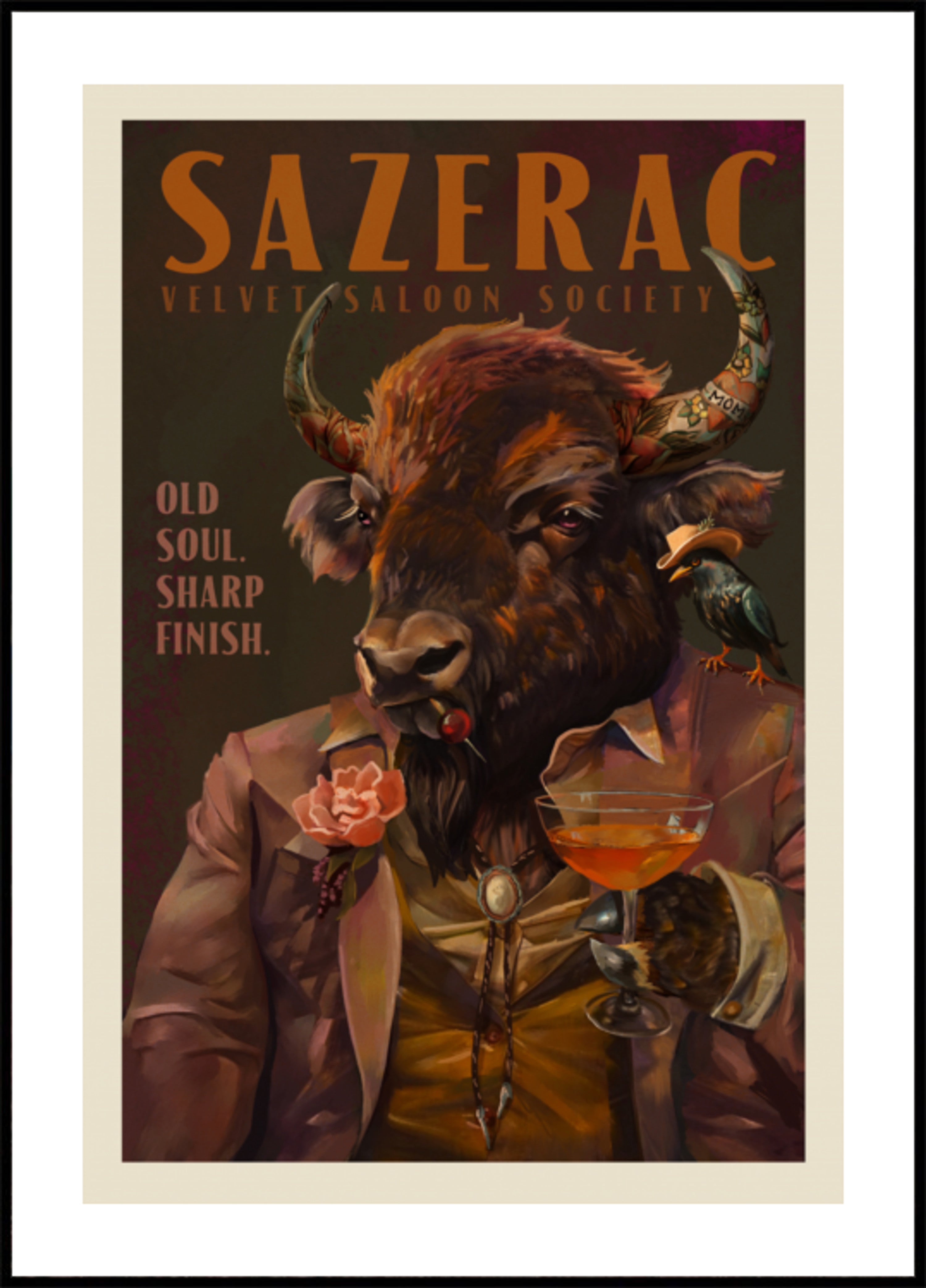 Buffels die Sazerac-cocktail drinken. Alcohol- en sterke drankbar Art