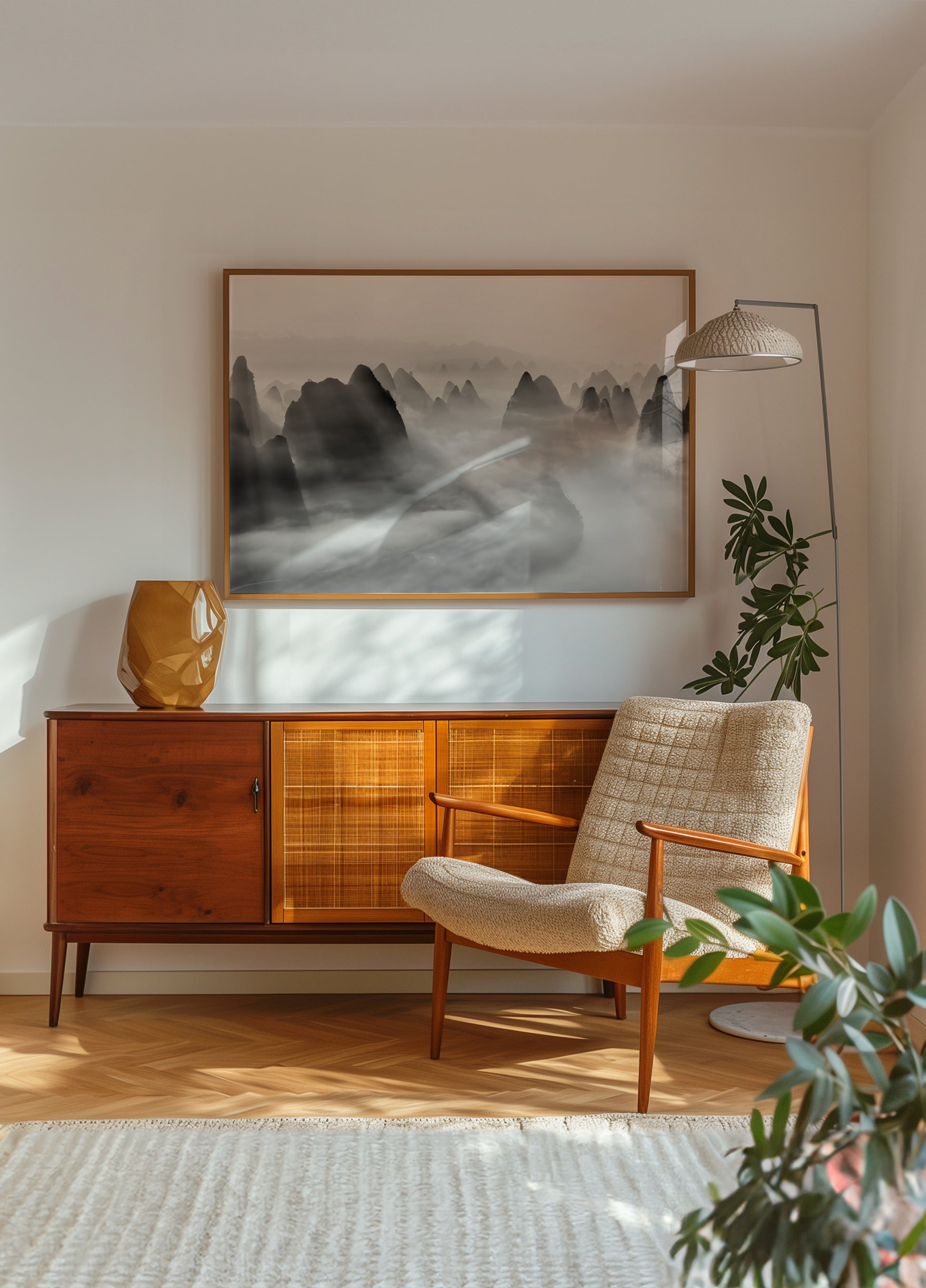Lichtstralen over mistige pieken