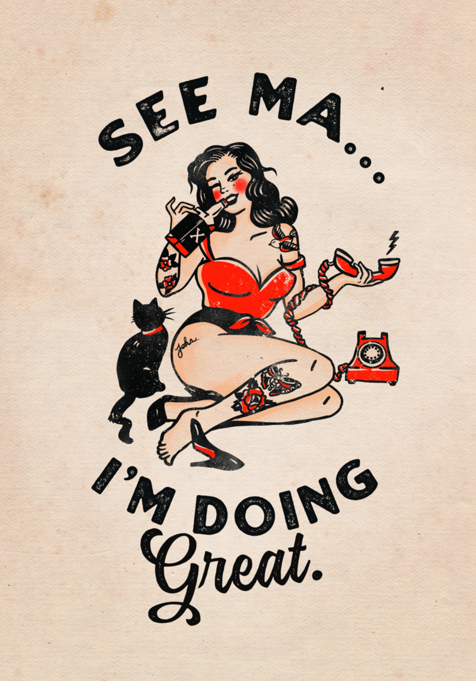 Zie Ma Poster Grappig Vintage Pinup Meisje & Kat