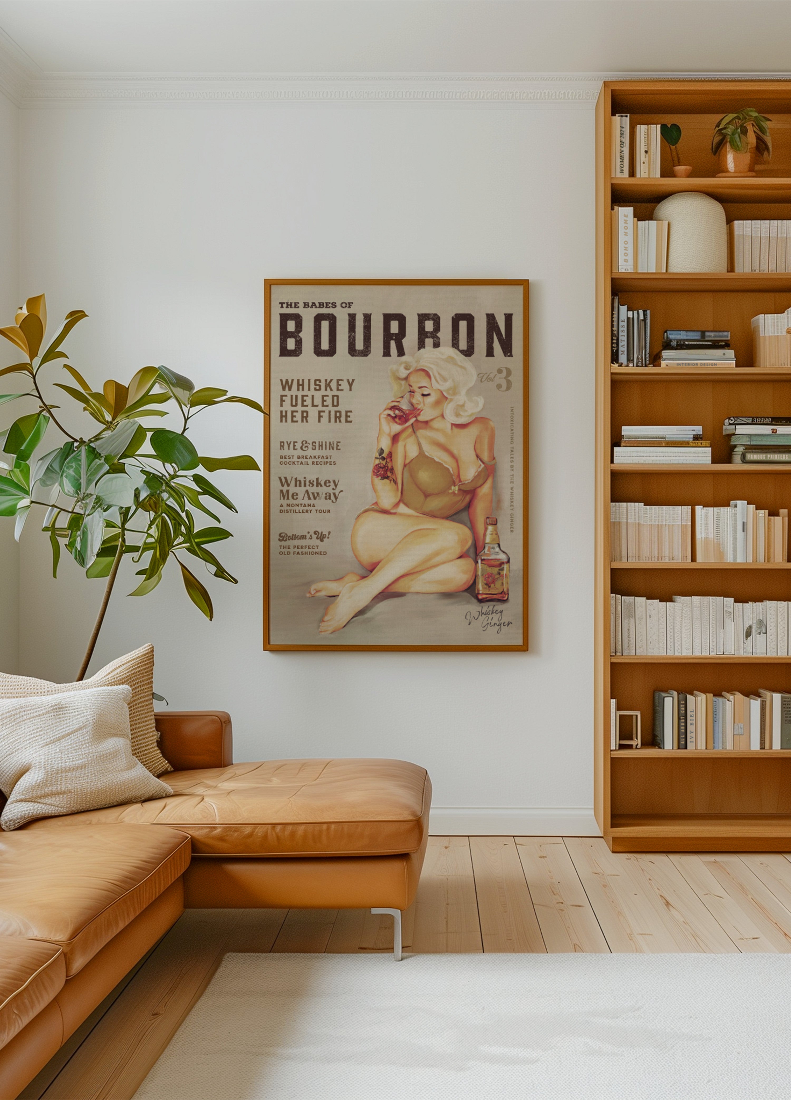 Bourbon kunst aan de muur. Sexy Vintage Pin-Up Girl whisky drinken