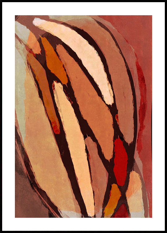 Het beeld is een abstract schilderij met gedurfde, overlappende penseelstreken in verschillende tinten bruin, oranje en rood, waardoor een dynamische en energieke compositie ontstaat.